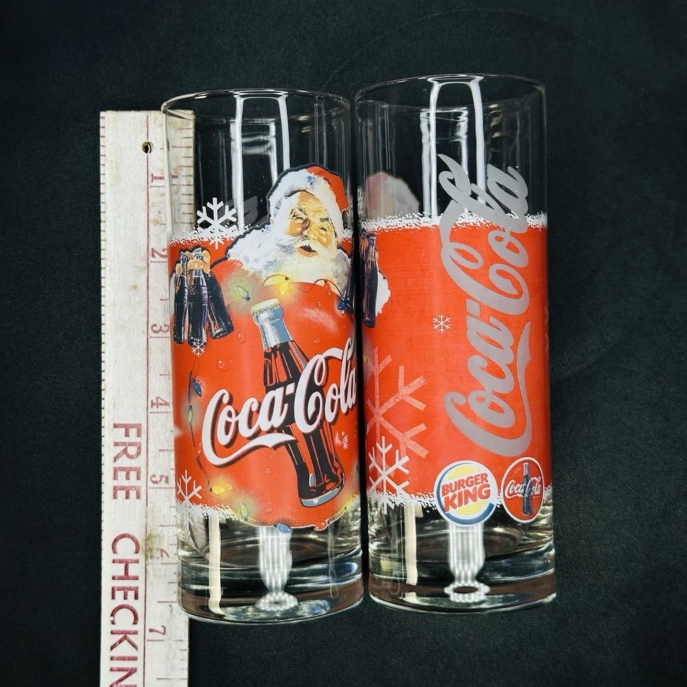 Vintage Coca Cola Classic Christmas Santa Glass Tumbler Burger King Set of 2 - Picture 4 of 6